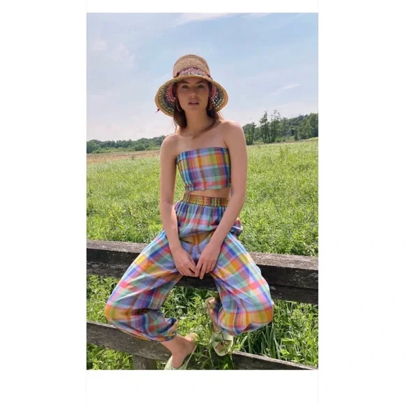 Free People Ticket To Paradise Multicolor Plaid Balloon Beach Pants - Picture 12 of 14